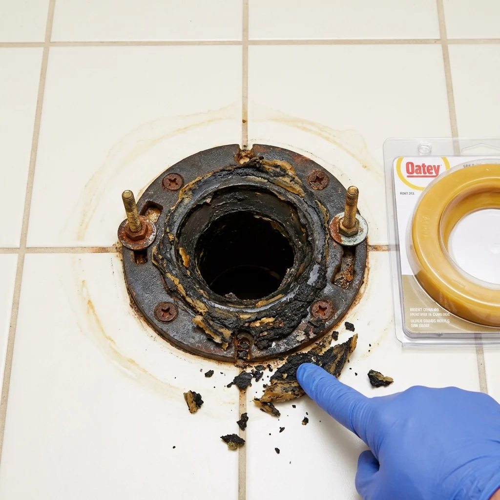 Failed wax ring showing water seepage at the base of a toilet in a Warrenton, MO home
