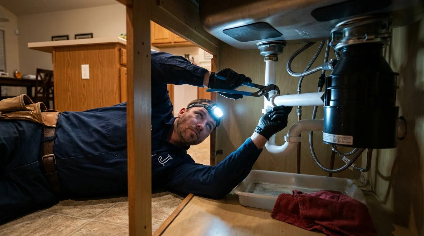 P-trap and supply line connections under a kitchen sink showing a common leak point in Warrenton, MO